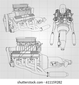 A set of several types of powerful car engine. The engine is drawn with black lines on a white sheet in a cage.