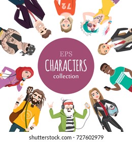 A set of several a variety female and male of different age and style. Bright girl in Cartoon style. Self-expression and diversity in modern society. Diversity hobbies and style.