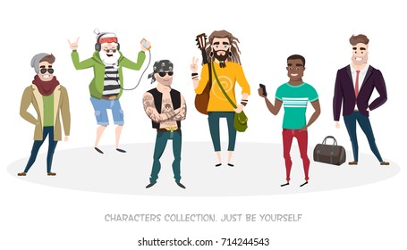 Set from several a variety male characters. Diversity hobbies and style. Modern people in society.