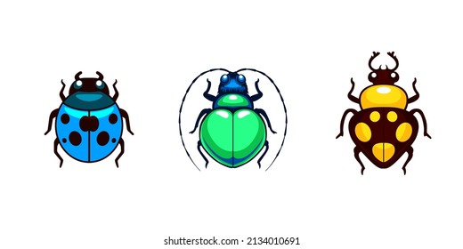 Set of several vector colored beetle icons