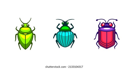 Set of several vector colored cute bugs. 
Beetle icons on white background. 