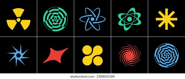 Conjunto de varias formas abstractas Y2K y objetos coloreados, símbolos, estrellas, elementos retro gráficos de diseño vectorial.