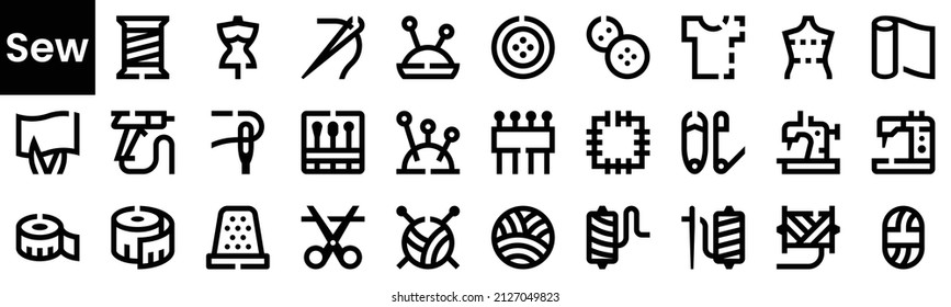 Juego de coser Iconos. Colección de iconos planos negros aislados en fondo blanco
