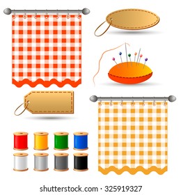 Set of sewing accessories, colored threads, needles, labels, curtains on the ledge of fabric in a cage. color illustration