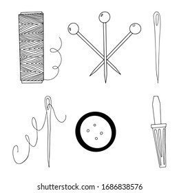 A set of sewing accessories in Doodle style.Outline drawing with a line.Needles, thread, pins.Coloring of sewing accessories.Women's hobby.Vector illustration