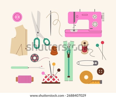 Set of sewing accessories in flat style: sewing machine, scissors, threads, needles, zipper, tape measure, buttons and other needlework tools.