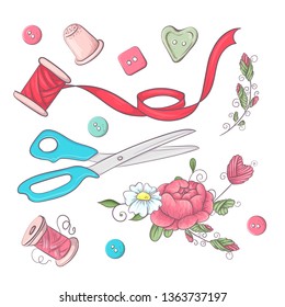 A set of sewing accessories. Hand drawing. Vector illustration