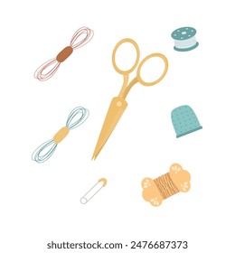 Set of sewing accessories. Handmade needlework. Tools for hobby, embroidery needlework, sew. Scissors, thread, pin, spool, reel, thimble. Vector illustration in flat style.