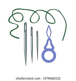 A set of sewing accessories, a manual threader. A tool for threading a needle. Vector icon.