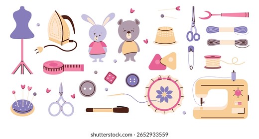 Un conjunto de accesorios de costura para costura y costura sobre un fondo blanco. Diseño de Vector.