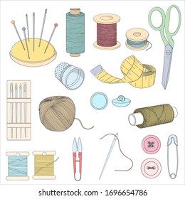 Set with sewing accessories on a white background. Spools of thread, buttons and sewing needles, thimble and scissors. Colorful vector illustration in sketch style.