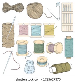 Set with sewing accessories on a white background. Spools of thread, pins, sewing needles, and a thimble. Colorful vector illustration in sketch style. Hand-drawn.