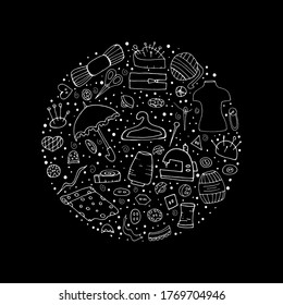 Set with sewing accessories. Sewing profession. Needle, thimble, mannequin, fabric, thread, buttons, umbrella on a black background.  Vector isolated illustration with a set of elements for sewing. 