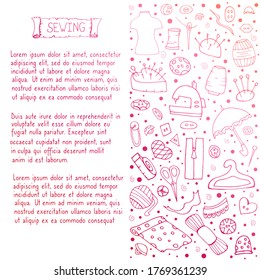 Set with sewing accessories. Sewing profession. Vector isolated illustration with a set of elements for sewing. Needle, thimble, mannequin, fabric, thread, buttons, umbrella on a white background. 