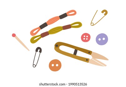 Set of sewing accessories and repair tools. Skeins of thread, embroidery floss, safety pins, buttons, cutter and nipper for handcraft. Flat vector illustration of handicraft supplies isolated on white