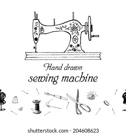 Set of sewing accessories. Swing machine. Hand drawn sketch. Vector illustration.