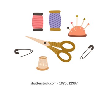 Set of sewing accessories. Thread spools, pad with pins, scissors and thimble. Tailor's supplies for needlework. Flat vector illustration of items for handicraft isolated on white background