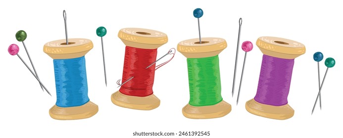 Set Nähzubehör. Fäden, Stifte, Fäden mit einer Nadel, Nähnadeln. Vektorgrafik isoliertes Bild für Design.