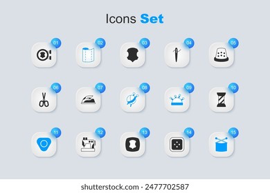 Set Button zum Nähen von Kleidung, Elektroeisen, Textilgewebe Rolle, Kreide, Stricknadeln, Garnspule, Leder und Garnkugel mit Stricksymbol. Vektorgrafik
