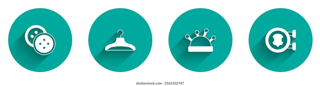 Set Sewing button for clothes, Hanger wardrobe, Needle bed and needles and Leather icon with long shadow. Vector