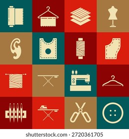 Set Sewing button for clothes, Hanger wardrobe, Pattern, Textile fabric roll, French curves,  and thread spool icon. Vector