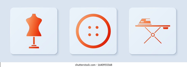 Set Sewing button for clothes, Mannequin and Electric iron and ironing board. White square button. Vector