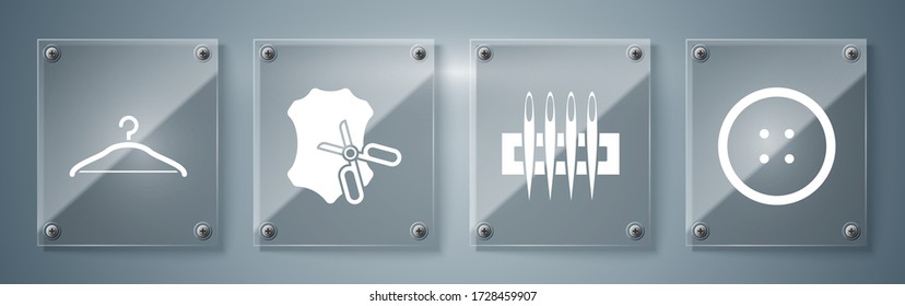 Set Sewing button for clothes, Needle for sewing, Scissors and leather and Hanger wardrobe. Square glass panels. Vector