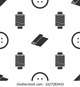 Set Sewing button for clothes, Textile fabric roll and Sewing thread on spool on seamless pattern. Vector