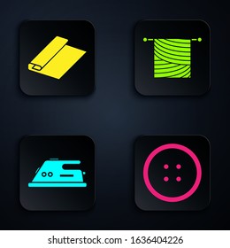 Set Sewing button for clothes, Textile fabric roll, Electric iron and Knitting. Black square button. Vector