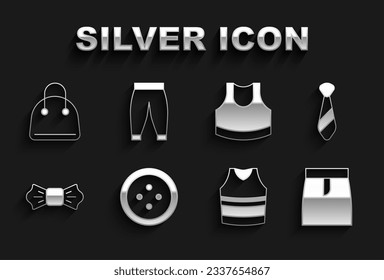 Set Sewing button for clothes, Tie, Skirt, Undershirt, Bow tie, Female crop top, Handbag and Pants icon. Vector