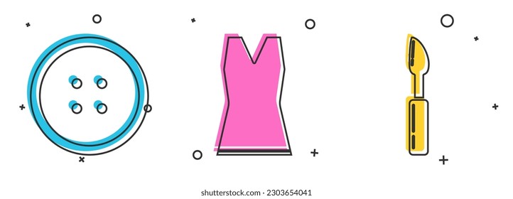 Botón de coser para ropa, vestido de mujer e icono de herramienta Cutter. Vector