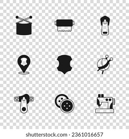 Set Sewing button for clothes, Yarn ball with knitting needles, machine, Leather, Zipper, Knitting, Textile fabric roll and  icon. Vector