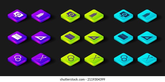 Set Sewing button, Knitting needles, Tape measure, Triangular ruler, thread and Location tailor shop icon. Vector