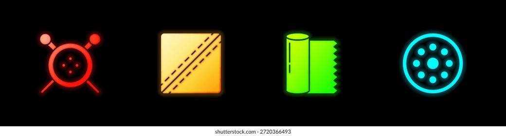 Conjunto Botón de costura y agujas de tejer, patrón, rollo de tela textil e icono. Vector