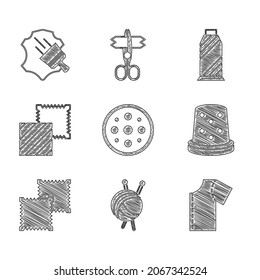 Botón de coser, bola de yarn con agujas de punto, patrón, Ligero para coser, Rollo de tela textil, bobina de hilo e icono de cuero. Vector