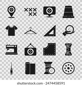 Set Sewing button, Yarn, Location tailor shop, Hanger wardrobe, T-shirt,  and Triangular ruler icon. Vector