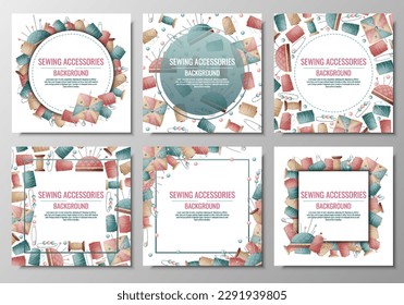 Set of sewing cards. Background with spools of thread and pincushion. Banner, poster for a sewing workshop, atelier.