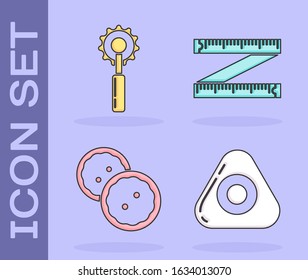 Set Sewing chalk, Cutter tool, Sewing button for clothes and Tape measure icon. Vector