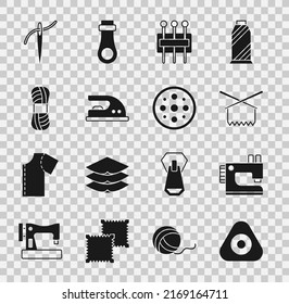 Set Sewing chalk, machine, Knitting needles, Needle for sewing, Electric iron, Yarn, with thread and button icon. Vector