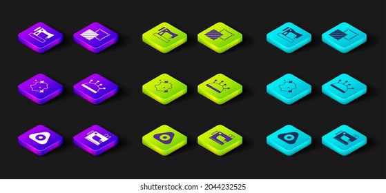 Ajuste tiza de coser, máquina, cuero, cama y agujas de aguja, rollo de tela textil e icono. Vector