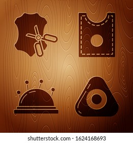 Set Sewing chalk, Scissors and leather, Needle bed and needles and Sewing Pattern on wooden background. Vector