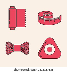 Set Sewing chalk, Textile fabric roll, Tape measure and Sewing thread on spool icon. Vector