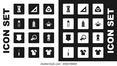 Set Sewing chalk, thread, Safety pin, Yarn, Hanger wardrobe, Triangular ruler, Zipper and Leather icon. Vector