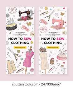 Set of sewing course for beginners vertical banner template. Roll up design collection. Hand drawn vector illustration of sewing tools