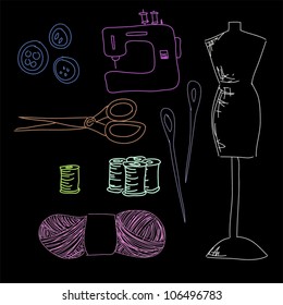 A set of sewing and crafting items are hand drawn on a black background