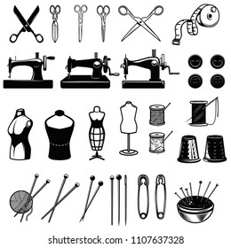 Set of sewing design elements. Sew machines, scissors, needles. Design element for logo, label, emblem, sign. Vector image