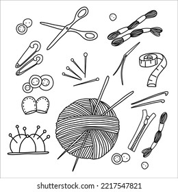 Set of sewing elements, including embroidery frame, thread, needles, buttons, yarn, snips, measuring tape, pins, scissors and pin cushion. Vector illustrations.