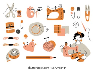 Set of sewing elements, including seamstress or tailor, sewing machine, embroidery frame, thread, needles, buttons, yarn, snips, measuring tape, pencil, fabric swatches, pins, scissors and pin cushion