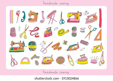 A set of sewing elements: sewing machine, thread, needles, measuring tape, pins, scissors, pincushion, ironing board, iron, yarn, rulers
Can be used as wall art stickers, printed T-shirt, poster, etc