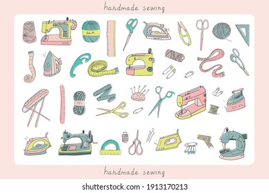 A set of sewing elements: sewing machine, thread, needles, measuring tape, pins, scissors, pincushion, ironing board, iron, yarn, rulers
Can be used as wall art stickers, printed T-shirt, poster, etc